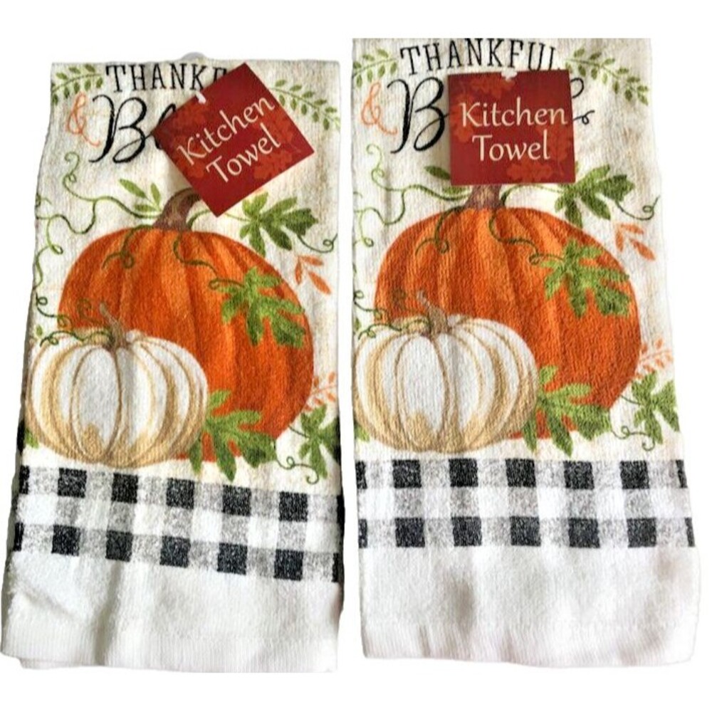 Thankful Blessed Kitchen Dish Towels Fall Country Buffalo Check Set of 2